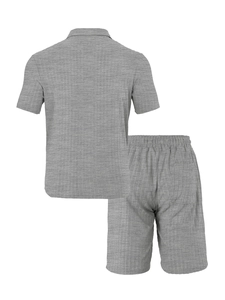 Back view of gray men's casual two-piece set showing premium textured stripe fabric