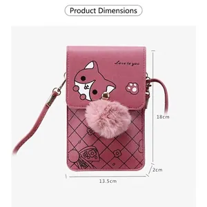 Pink mini crossbody phone bag with cartoon fox and pompom detail, 18x13.5x2cm dimensions