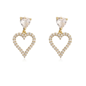 Elegant 18K gold plated double heart dangle earrings with sparkling crystal stones