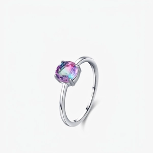 925 Sterling Silver Ring With Round Mystic Topaz Gradient Colorful Gemstone For Women Minimalist Small Design Jewelry