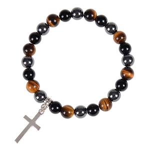 Retro Tiger Eye Obsidian Hematite Beaded Bracelet With Metal Cross Pendant Healing Magnetic Natural Stone Elastic Gift