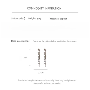 Infographic showing cubic zirconia fringe earrings with 7cm length and 8.9g weight details