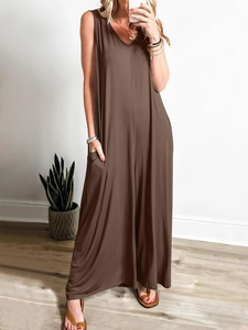 Detail of coffee brown sleeveless wide-leg jumpsuit with practical side pockets