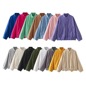 Women Polar Fleece Jacket Stand Collar Zipper Warm Casual Oversized Lambswool Like Outerwear With Large Pockets Solid Color