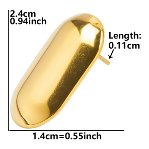 Detailed dimensions of gold oval geometric stud earrings in polished 304 stainless steel