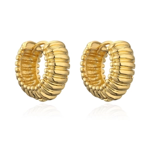 Polished 18K gold plated twisted hoop earrings with textured finish on white background