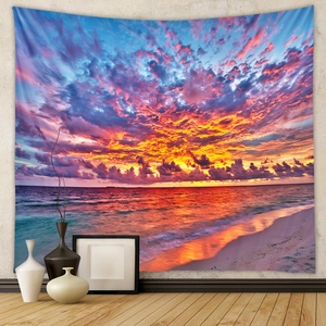 Détail de la tapisserie murale coucher de soleil sur la plage avec ciel violet et sable doré