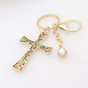 Rhinestone Cross Keychain Gold Plated Zinc Alloy With Water Drop Crystal Pendant Bag Charm Religious Fashion Jewelry