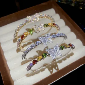 Bracciale Aperto Farfalla Rame Zircone Gemma Pera Colorata Regolabile Lusso Elegante Gioielli Per Donne