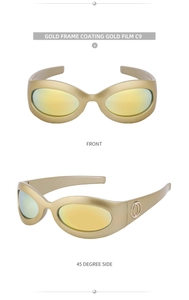 Detail view of gold coating cycling sunglasses with dual-ring logo and metal frame