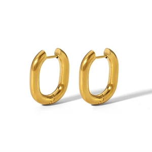 Detail view of oval gold hoop earrings with a matte brushed finish on a white background