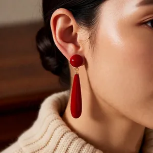Vintage French red glaze teardrop earrings with gold metal links for women's elegant style