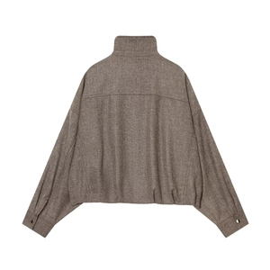 Back view of brown herringbone short jacket with stand collar and elasticated hemline
