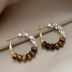 Tiger's Eye Hoop Earrings With Cubic Zirconia And 925 Sterling Silver Earring Post Gold Plated Retro Jewelry For Women