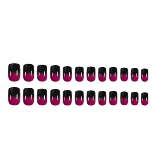 Détails de 24 faux ongles brillants avec dégradé noir et rouge bordeaux sur fond blanc