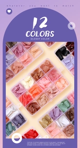 Detail view of 12-color glossy press-on nail sets organized in a clear multi-grid storage box