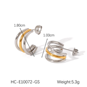 Detailed view of triple-layered two-tone gold and silver earrings measuring 1.80cm by 1.03cm