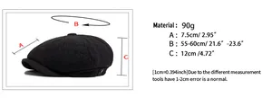 Size guide for herringbone newsboy cap showing brim length and head circumference measurement