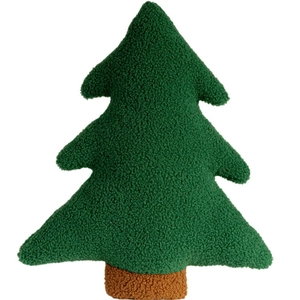 Green plush Christmas tree shaped throw pillow made of soft fleece with a brown base