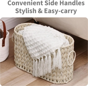 Oval woven storage basket with side handles for organized home blankets and laundry