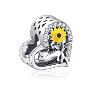 925 Sterling Silver Heart Charm Cat And Sunflower Bead With Cubic Zirconia For DIY Bracelet Jewelry Making