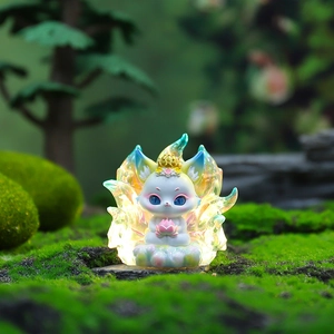 Luminous nine-tailed fox figurine with glowing tails and lotus flower for desk decor