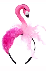 Detail of pink flamingo headband featuring plush texture and soft feather accents