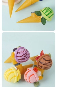 Dettaglio di calamite colorate a forma di cono gelato con frutta e base magnetica