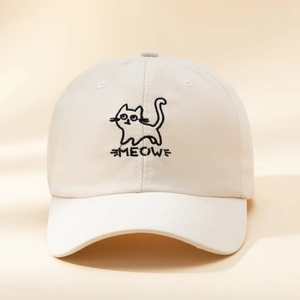 Close-up of black cat embroidery and MEOW text on beige twill cotton baseball cap