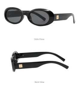 Side and back view of retro oval sunglasses with gold square temple logo