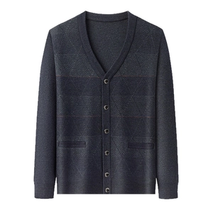 Dunkelblauer Herren-Strickcardigan mit V-Ausschnitt, Rautenmuster und sechs Knöpfen