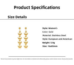 Detailed size chart for 18K gold plated stainless steel star and moon drop earrings