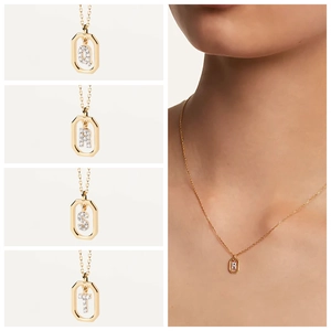 18K gold plated octagonal pendant necklace with micro-paved zircon alphabet letters