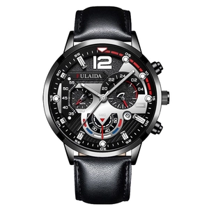FULAIDA Men's chronograph watch with silver case and black leather strap on white background