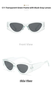 Cat eye sunglasses detail in transparent green frame with black grey lenses view