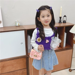 Girls cute pink quilted shoulder bag with pearl chain and purple knit flower vest