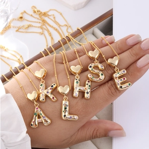 Copper Colorful Zirconia Initial Letter Pendant Necklace With Heart Clasp Gold Plated Alphabet Necklace For Women