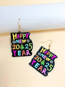 Detail showing Happy New 2025 Year earrings with snowflake and Christmas tree motifs