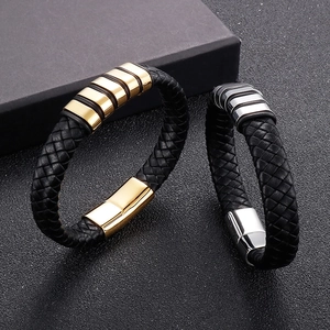 Bracelets tendance en cuir tressé noir pour hommes avec fermoirs magnétiques dorés et argentés