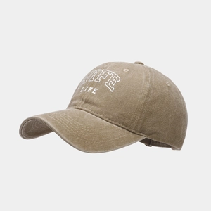 Retro washed cotton baseball cap with WIFE LIFE embroidery in khaki brown color