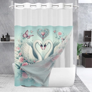 Detail view of waffle weave shower curtain with romantic hand-painted heart swan design