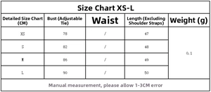 Size guide for striped linen backless halter top with adjustable bust measurements