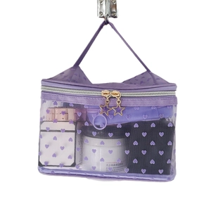 Purple mesh cosmetic bag with heart embroidery and star zipper, spacious travel makeup pouch