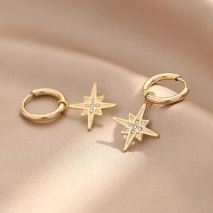 Octagram Star Hoop Earrings Titanium Steel 14K Gold Plated Rhinestone Zircon North Star Celestial Dangle For Women