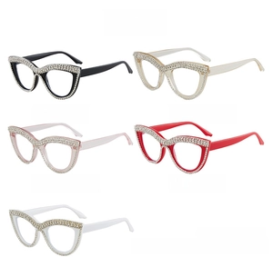 Detail shot of cat eye reading glasses in five colors with hand-set rhinestone edges