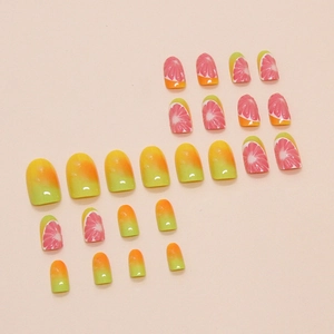 24pcs Grapefruit pattern press-on nails with orange gradient citrus fruit design