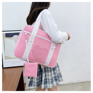Pink canvas JK uniform travel bag with heart shaped transparent window and strap