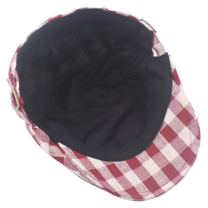 Classic red and white plaid cotton flat cap with black lining and bronze side buckle