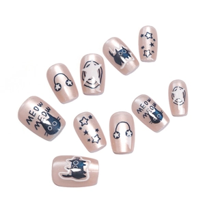 Sweet pink cat eye press-on nails featuring cute black cat and star patterns
