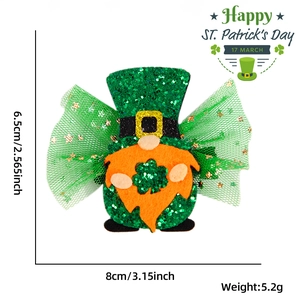 St. Patrick's Day green mesh hair clip with size and weight measurements on white background